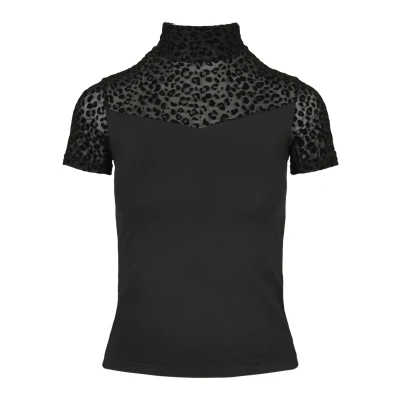Image of Urban Classics Ladies Flock LACE Turtleneck TEE Print Tshirt, Women&#039;s, Size: XS, Black