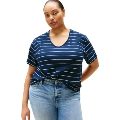 Image of Tommy Hilfiger Women&#039;s CRV Modern CO Linen V NK SS WW0WW46076, Blue (Big Stp Dark Night Navy), 50