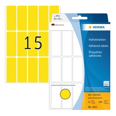 Image of HERMA Multi Purpose Labels, 15 Labels per Sheet, 32 Sheets, 20 x 50 mm, 480 Self Adhesive Small Stickers, Blank Sticky for Office Kitchen Home, Yellow