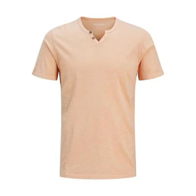 Image of JACK &amp; JONES JJESPLIT Men&#039;s Basic V Neck Short Sleeve Jersey Cotton Shirt with Buttons, Peach Parfait, S