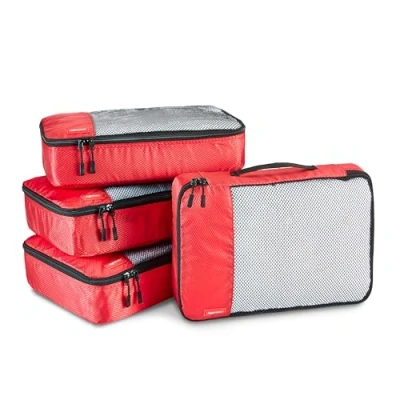 Image of Amazon Basics Packing Cubes for Suitcases, Travel Organisers, Zipper, 4 Piece Set Bags, Medium, Red