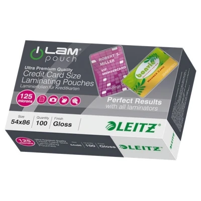Image of Leitz 33810 Laminating Pouches Made of 125 Micron Thick Material (Transparent, Glossy, Credit Card) Pack 100
