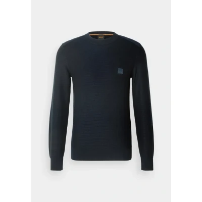 Image of BOSS Mens Anion S Cotton Cashmere Sweater with Logo Patch, Dark Blue,