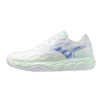 Image of Mizuno WAVE Enforce court Clay tennis shoes, Women&#039;s, Size: 8, White/frontier blue/bay Textile/synthetics