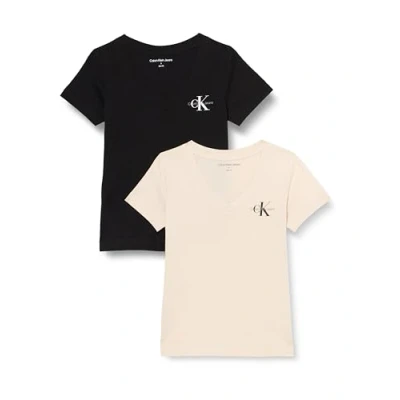 Image of Calvin Klein Jeans Monologo V NECK TEE 2 PACK Basic Tshirt, Women&#039;s, Size: XS, Moonbeam/black