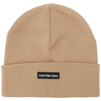 Image of Calvin Klein Jeans Patch Beanie Unisex Beanie, Size: One Size, Travertine