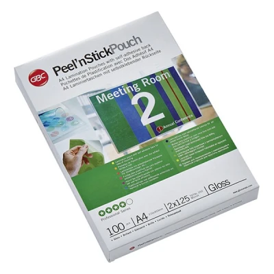 Image of GBC A4 2x125 Micron Peel n&#039; Stick Gloss Laminating Pouches, Pack of 100, 3747243