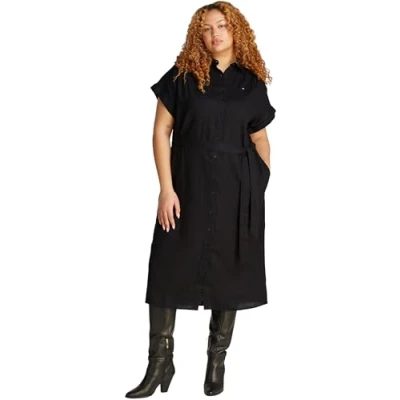 Image of Tommy Hilfiger Curve Belted MIDI Dress Shirt dress, Women&#039;s, Size: 22, Black