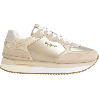 Image of Pepe Jeans Rusper Shine Trainers, Women&#039;s, Size: 4, Sand beige leather and imitation