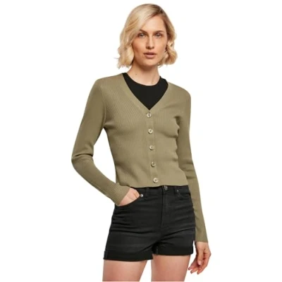 Image of Urban Classics Ladies Short RIB KNIT Cardigan Cardigan, Women&#039;s, Size: 5XL, Khaki