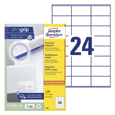 Image of AVERY Zweckform 3475 Address Labels (2,400 Adhesive Labels, 70 x 36 mm on A4, Matte Paper, Printable Sender Self with Ultragrip), 100 Sheets, White