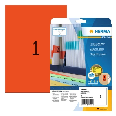 Image of HERMA 4422 Coloured Labels Red Removable 20 Sheets 210 x 297 mm 1 per A4 Sheet Pack of Self Adhesive Printable Matt Blank Paper Colour Stickers