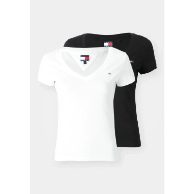 Image of Tommy Jeans V NECK TEE 2 PACK Basic Tshirt, Women&#039;s, Size: 4, Ecru/black