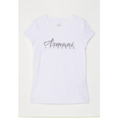 Image of Armani Exchange Women&#039;s Short Sleeve Classic Script Logo Scoop Neck T Shirt, White (Optic White), M