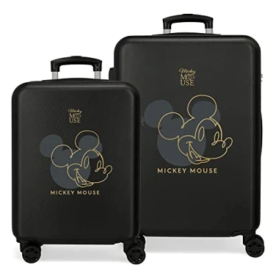 Image of Disney Mickey Outline Suitcase Set Black 55/65 cm Rigid ABS Side Combination Lock 91L 6 kg 4 Double Wheels, Black/White, Set,