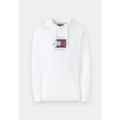 Image of Tommy Hilfiger Linear FLAG Graphic Hoodie Unisex Sweatshirt, Size: XL, White
