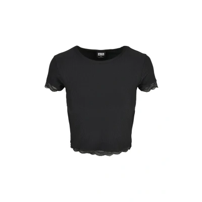 Image of Urban Classics Ladies Cropped LACE HEM TEE Print Tshirt, Women&#039;s, Size: 3XL, Schwarz