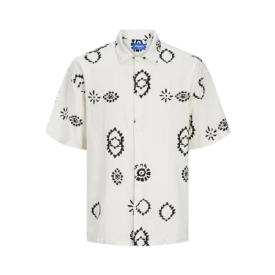 Image of JACK &amp; JONES Men&#039;s Jornoto Linen Aop Shirt Ss Ln Short sleeved, Buttercream, S