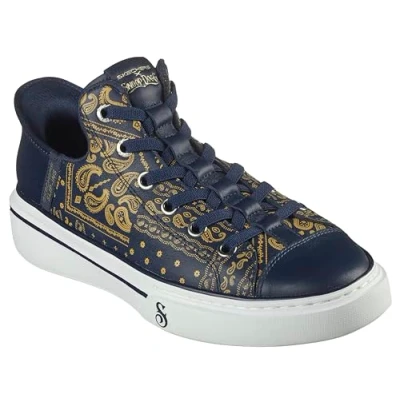 Image of Skechers Men&#039;s Hands Free Slip ins X Dogg Snoop One Double G Sneaker, Navy Gold Bandana Print Leather, 5.5 UK