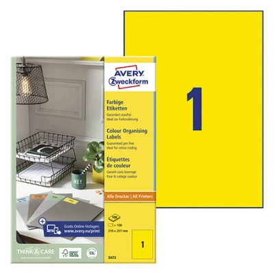 Image of Avery Coloured Labels, Yellow, 210 x 297 mm printer labels (Yellow, mm, Self adhesive label, A4, Paper, Laser/Inkjet, Rectangle)
