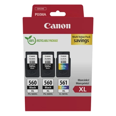 Image of Canon PG 560XL x 2 / CL 561XL High Yield Genuine Ink Cartridges, Pack of 3 (2 Black, 1 Colour) Cardboard Multipack