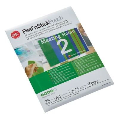 Image of GBC A4 2x75 Micron Peel n&#039; Stick Gloss Laminating Pouches, Pack of 25, 3747527