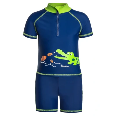 Image of Playshoes Unisex Children&#039;s UV Protection Swimming Set Two Piece Shirt Shorts Swimwear, Crocodile, 74 80