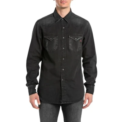Image of Replay Shirt, Men&#039;s, Size: XXL, Black delavè
