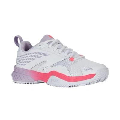 Image of K SWISS Speedex Clay court tennis shoes, Women&#039;s, Size: 4.5, White/orchid petal/neon blaze Leather and textile