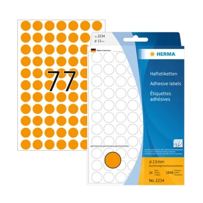 Image of HERMA Dot Stickers Luminous Orange, 1848 Labels, Ø 13 mm, 77 Labels per Sheet, Self Adhesive Round Colour Stickers, Blank Marking Dots, Sticky Circle for Color Coding Calendar