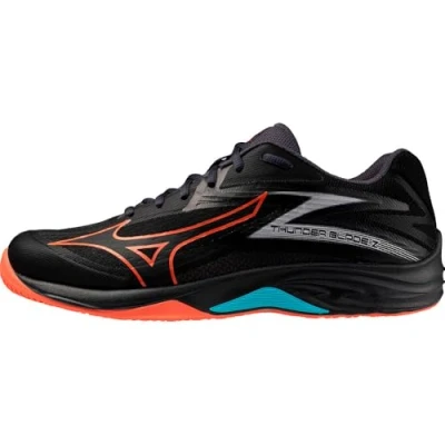 Image of Mizuno Thunder Blade Z Volleyball shoes, Men&#039;s, Size: 7, Black/neon flame/peacock blue Textile/synthetics