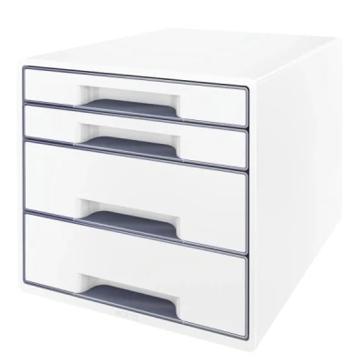 Image of Leitz 4 A4 Drawer Cabinet with Marker Pen and Transparent Tray, Organiser, Wow Range, White/Grey