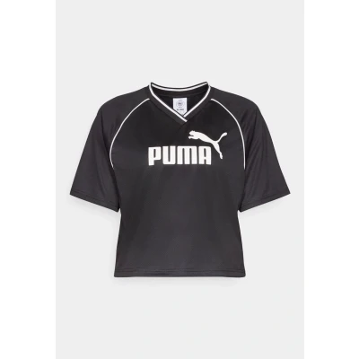 Image of Puma Relaxed Cropped Football Print Tshirt, Women&#039;s, Size: Small, Black