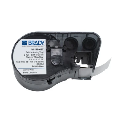 Image of Brady M 116 427 Vinyl B Black on White/Clear Label Maker Cartridge, 2 1/2&quot; Width x 1 Height, For BMP51/BMP53 Printers