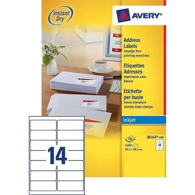 Image of Avery Printable, Customisable Address Mailing Labels, Inkjet Printers, 14 Labels Per A4 Sheet, 1400 Quickdry (J8163), White, 100 Sheets