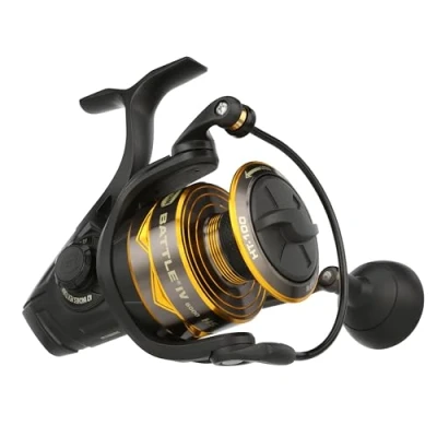 Image of PENN Battle IV Spinning Reel, Saltwater Angler Fishing Sea Fish Lure &amp; Bait, Bass, Pollack, Cod, Mackerel, Wrasse, Aluminum Robust Ambidextrous 6000 High Speed Reel Size 6.2:1 Black, Gold Smoke