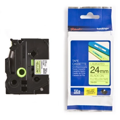 Image of Brother TZe C51 Labelling Tape Cassette, Black on Fluorescent Yellow, 24 mm (W) x 5 m (L), Laminated, Genuine Supplies