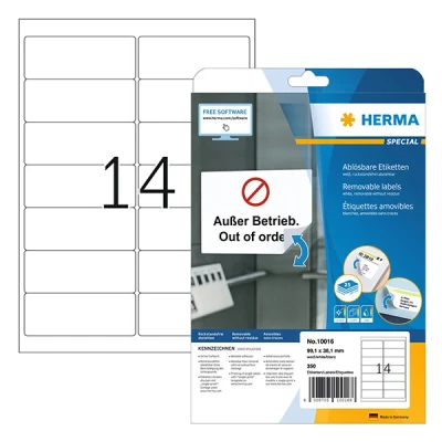 Image of HERMA Self Adhesive Removable Labels, 14 Labels per A4 Sheet, 25 Sheets, 99.1 x 38.1 mm, 350 Blank Multipurpose Stickers, Sticky for Laser &amp; Inkjet Printer, White