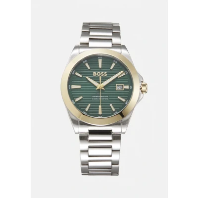 Image of BOSS Strike Watch silvercoloured/green, Men&#039;s, Size: One Size, Silver coloured/green