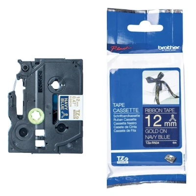 Image of Brother TZe RN34 Labelling Tape Cassette, Gold on Navy Blue, 12 mm (W) x 4M (L), Ribbon Tape, Genuine Supplies