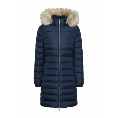 Image of Tommy Jeans Women’s Essential Hooded Down Coat with Faux Fur, Blue (Dark Night Navy), XXS
