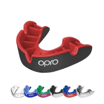 Image of OPRO Silver Level Adult and Kids Sports Mouthguard with Case, Gum Shield Featuring Revolutionary Fitting Technology for Hockey, Lacrosse, Rugby, MMA, Boxing Combat (Black/Red, Youth)