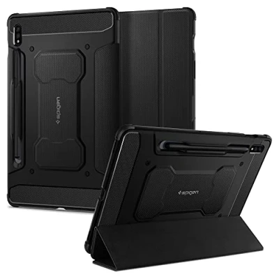 Image of Spigen Rugged Armor Pro PU leather Book Case Black Samsung Galaxy Tab S7/S8