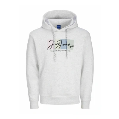 Image of JACK &amp; JONES Men&#039;s Jorportland Block Branding Sweat Hood Sweatshirt, Bright White/Detail: Melange, S