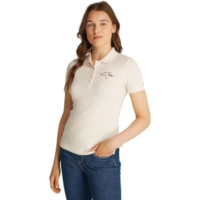 Image of Tommy Hilfiger SLIM Script Graphic Polo shirt, Women&#039;s, Size: XS, Ivory petal