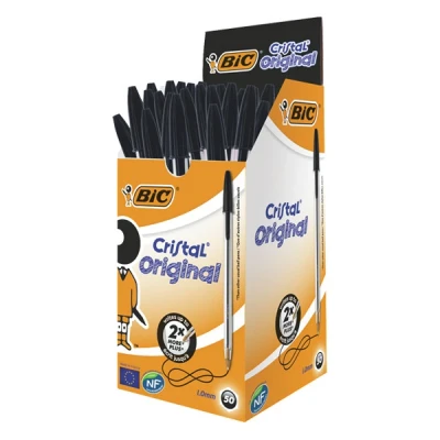 Image of BIC Cristal Original Smudge Free Ballpoint Pens, Ideal for School, Black, Medium Point (1.0mm), Pack of 50
