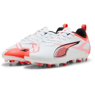 Image of Puma Ultra 5 PLAY MG JR Unisex Moulded stud football boots for kids, Size: 10K, White/black/glowing red Textile/synthetics