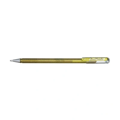 Image of Pentel K110 Dual Hybrid Metallic Gel Rollerball Pen Pack of Glitter 1 2 Different Colour Effects on Light Wood/Dark Paper 0,5mm Gold
