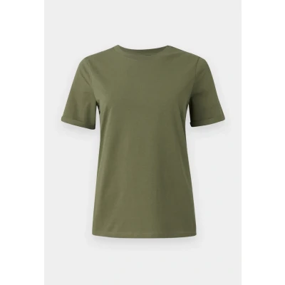 Image of Pieces Pcria FOLD UP Solid TEE Basic Tshirt, Women&#039;s, Size: Large, Deep lichen green