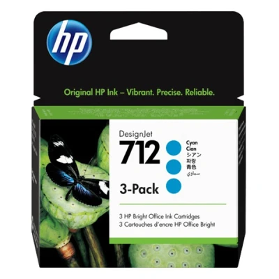 Image of HP 712 3ED77A 3 pack Cyan 29 ml Genuine Ink Cartridge with Original Ink, for DesignJet T650, T630, T250, T230 &amp; Studio Large Format Plotter Printers and 713 Printhead